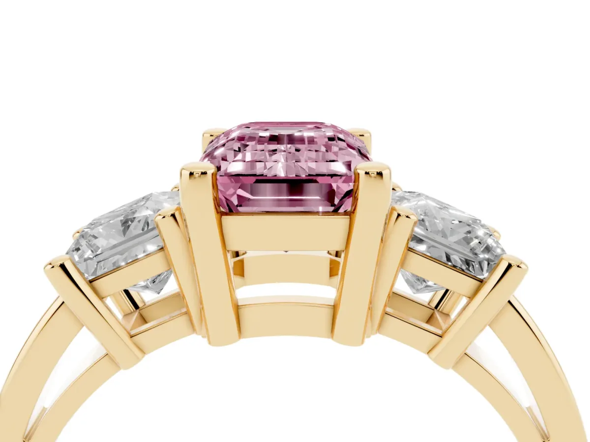 Fancy Pink Three-Stone Emerald Cut Cut Solitaire Ring with Prong Setting Yellow gold