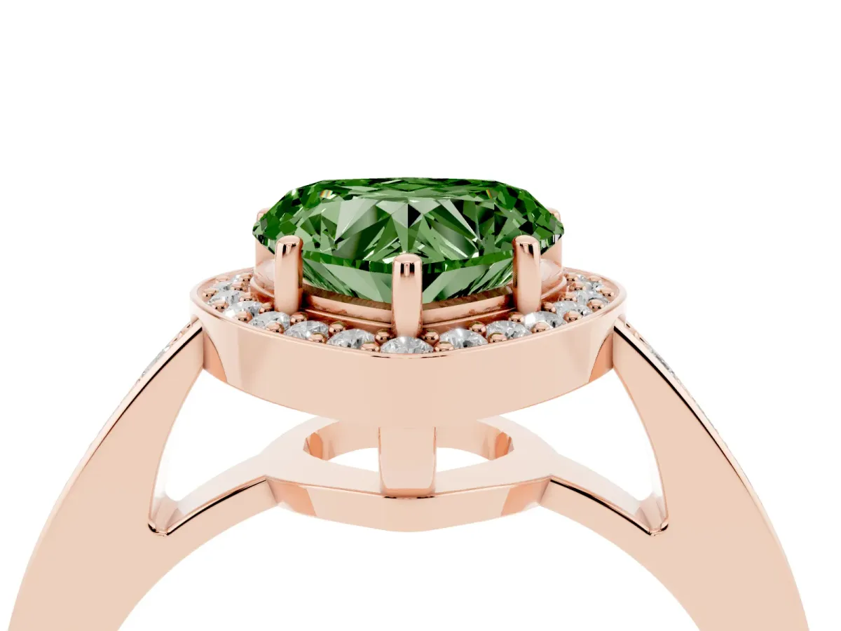 Fancy Green Heart Cut Halo Pavé Diamond Engagement Ring with Bezel Setting Rose gold