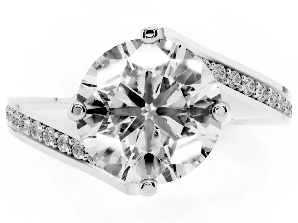 Round Cut Solitaire Diamond Twist Band with Pavé Setting and Four-Prong Setting Silver