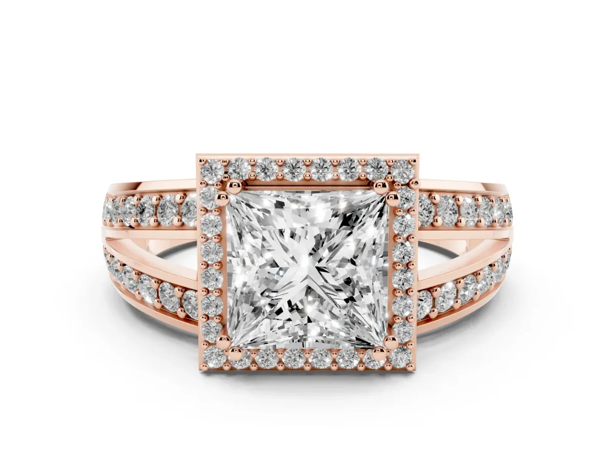 Princess Cut Diamond Halo Ring with Split Shank Pavé Band and Four-Prong Setting Rose gold