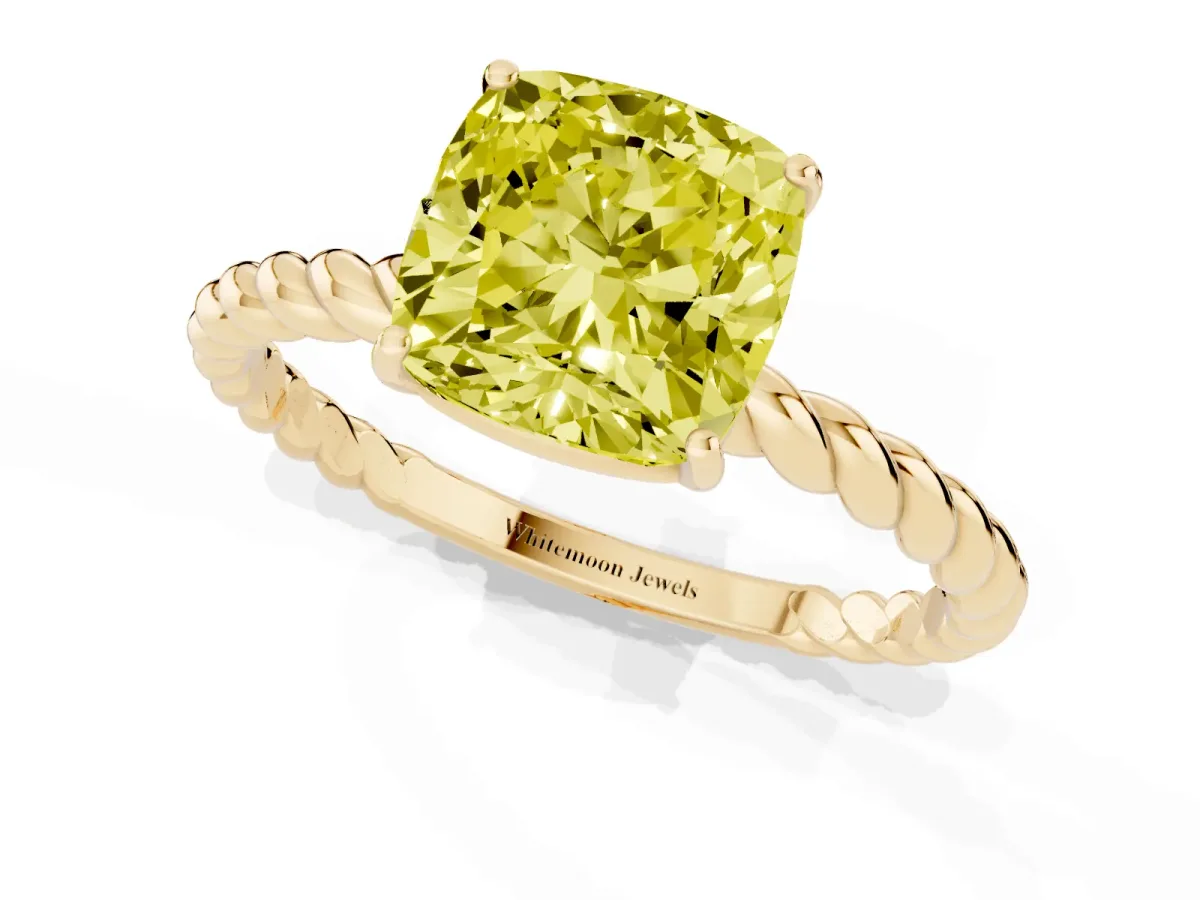 Fancy Yellow Cushion Cut Solitaire Twist Band Ring with Four-Prong Setting Yellow gold