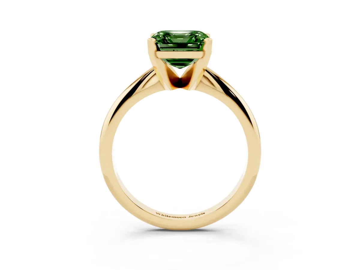 Fancy Green Asscher Cut Cut Solitaire Ring with Four-Prong Setting on a Classic Band Yellow gold