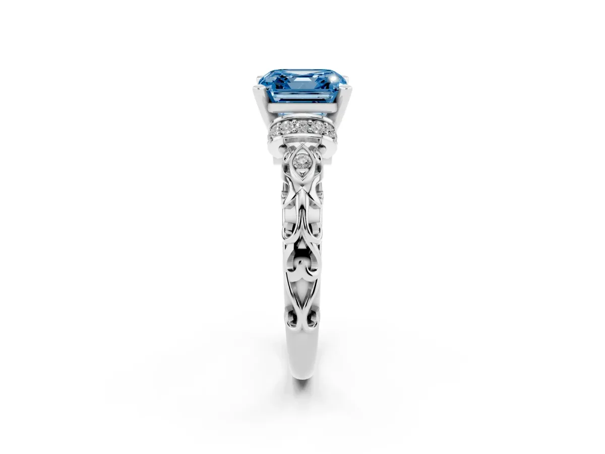 Fancy Blue Asscher Cut Diamond Solitaire Ring with Filigree Band and Four-Prong Setting Silver