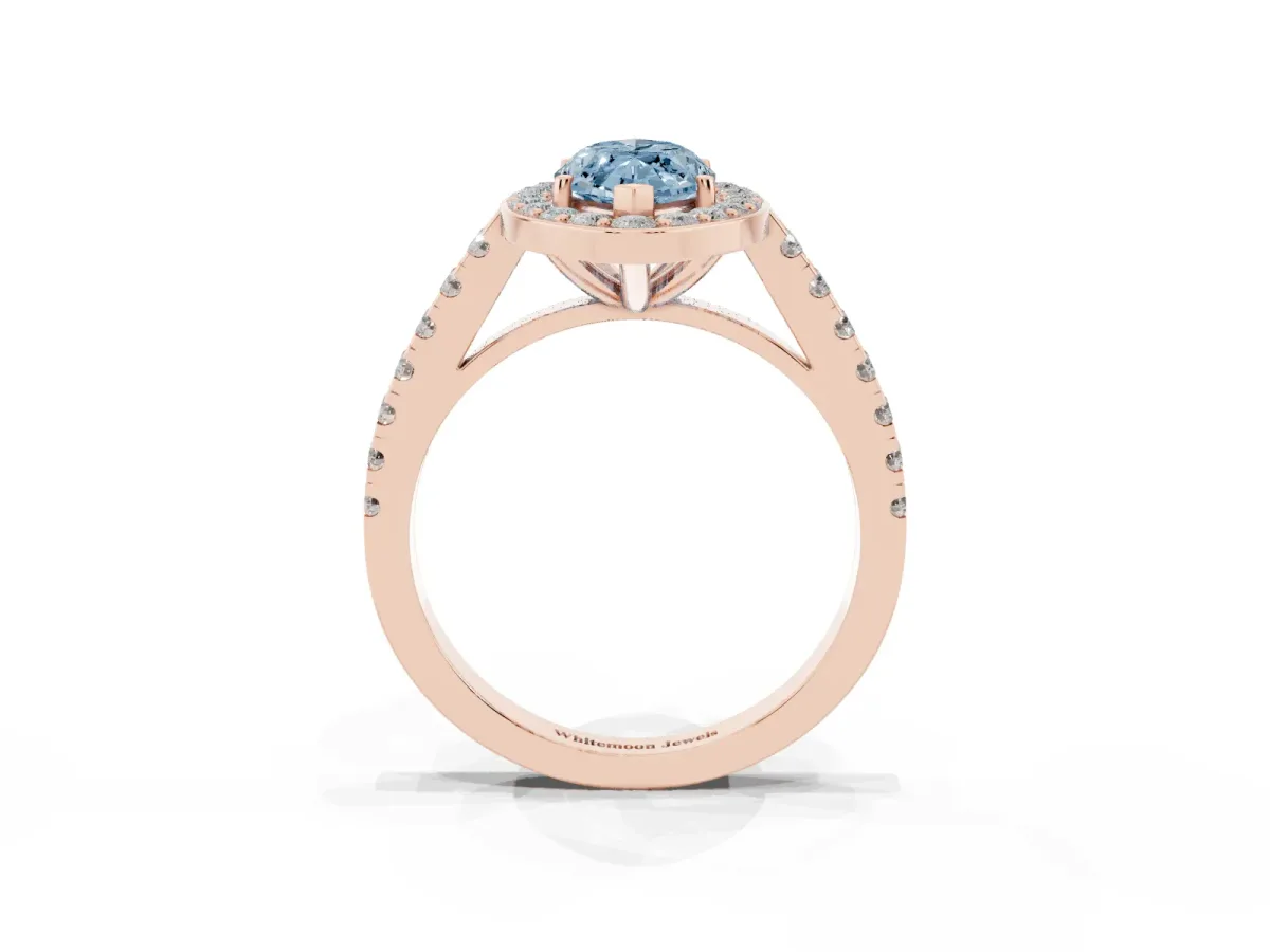 Fancy Blue Marquise Cut Diamond Halo Ring with Round Pavé Split Shank and Prong Setting Rose gold