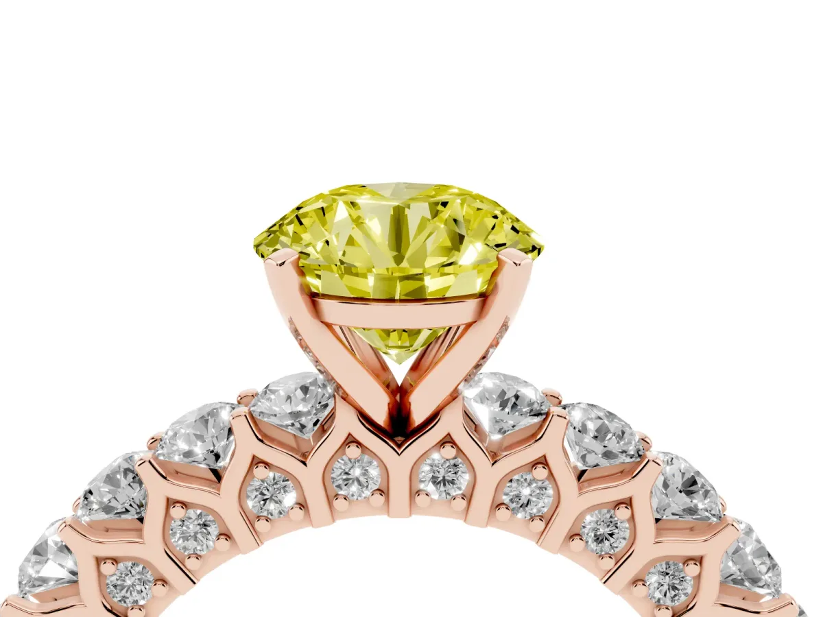 Fancy Yellow Round Cut Diamond Solitaire Ring with Shared Prong Pavé Band and Four-Prong Setting Rose gold