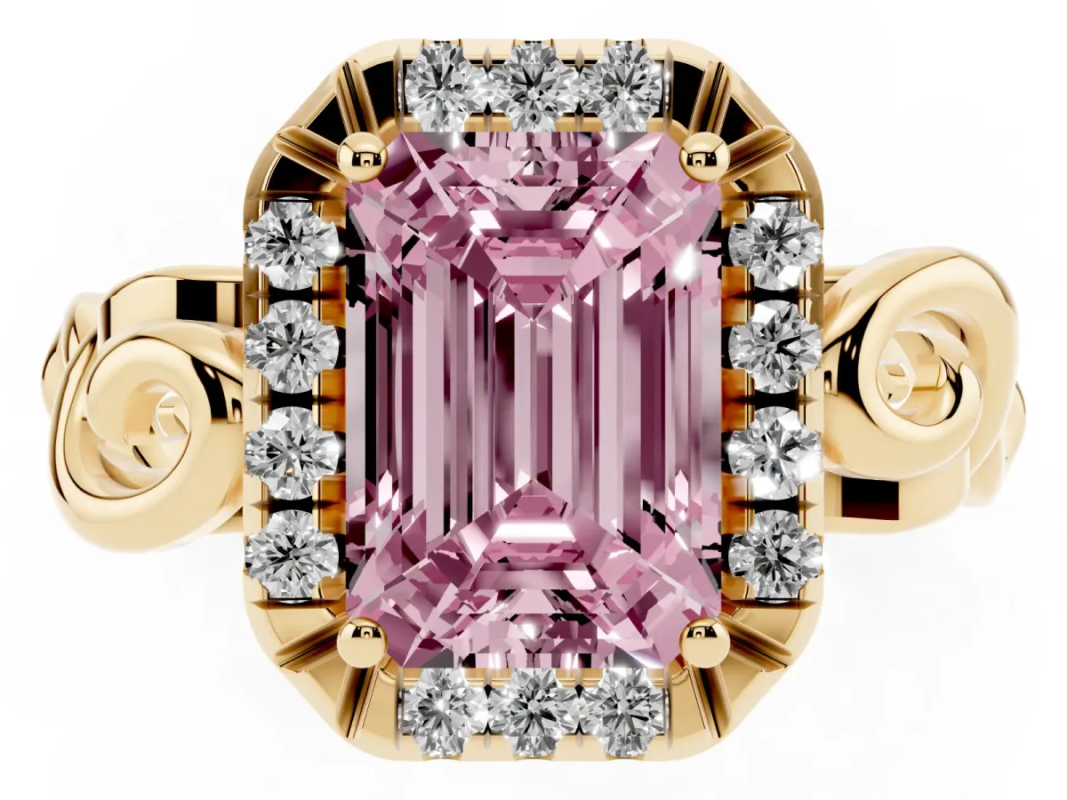 Fancy Pink Emerald Cut Cut Halo Diamond Ring with Scrollwork Band and Four-Prong Setting Yellow gold