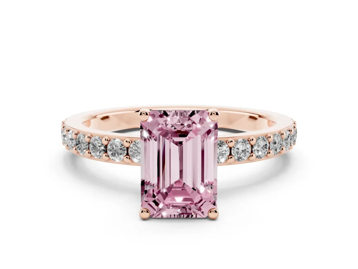 Fancy Pink Emerald Cut Cut Diamond Solitaire with Pave Band and Four-Prong Setting Rose gold