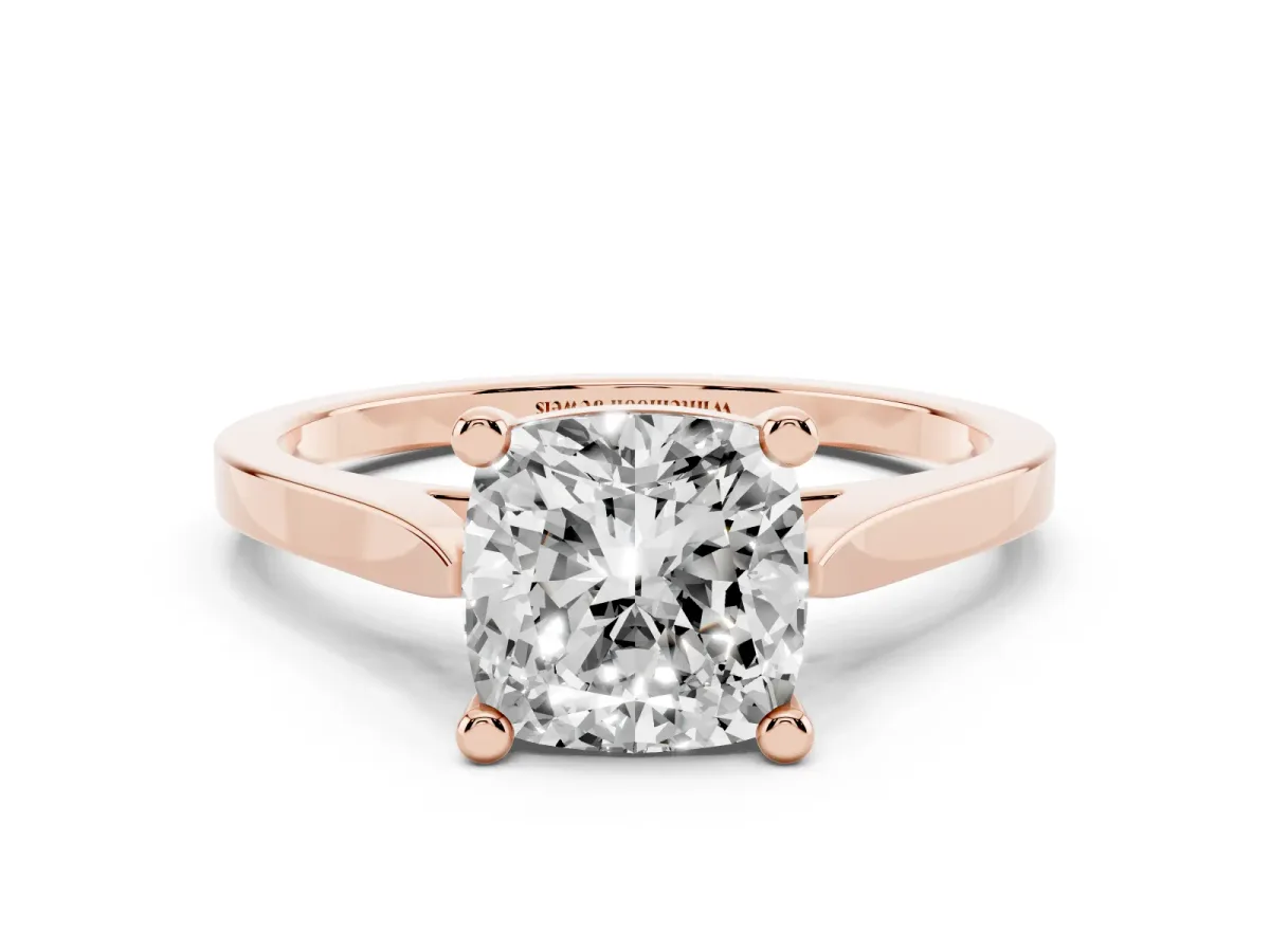 Cushion Cut Solitaire Diamond Ring with Four-Prong Setting and Tapered Band Rose gold