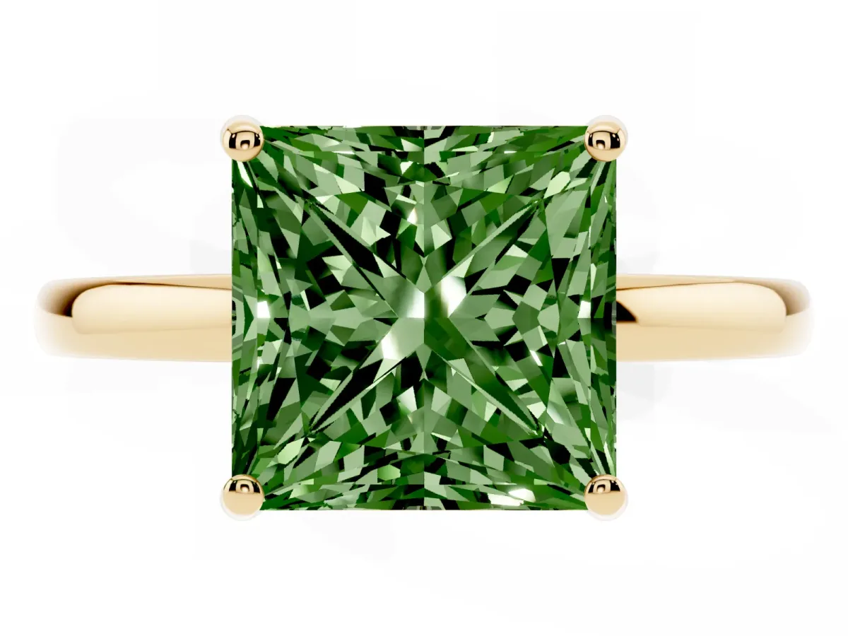 Fancy Green Princess Cut Solitaire Diamond Ring with Prong Setting and Plain Band Yellow gold