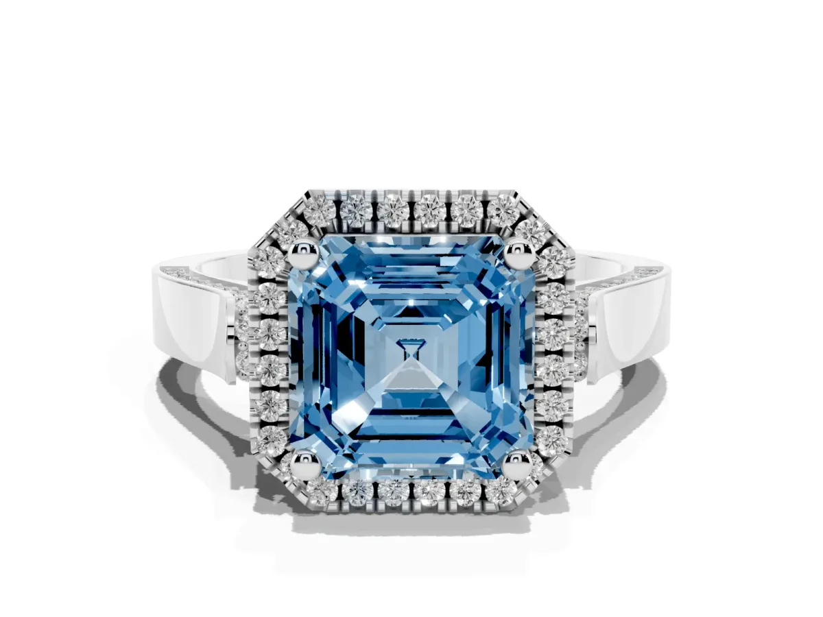 Fancy Blue Asscher Cut Halo Pave Split Shank Prong Setting Ring Silver