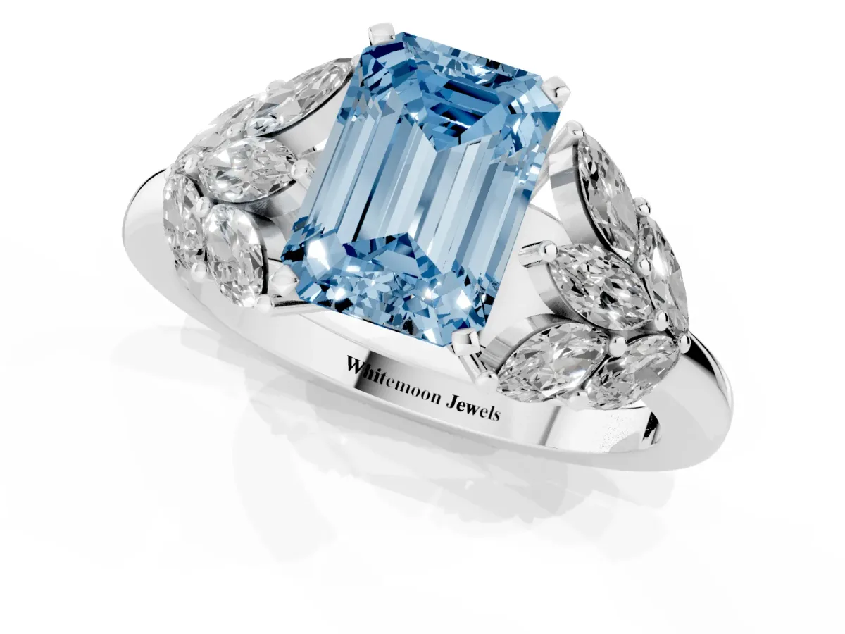 Fancy Blue Emerald Cut Diamond Cluster Leaf Design Ring with Prong Setting White gold