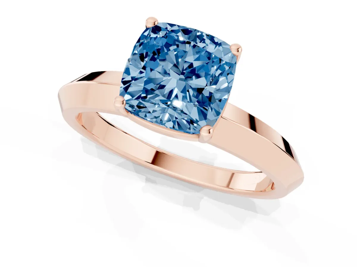 Fancy Blue Cushion Cut Cut Solitaire Engagement Ring with Flat Band and Four-Prong Setting Rose gold
