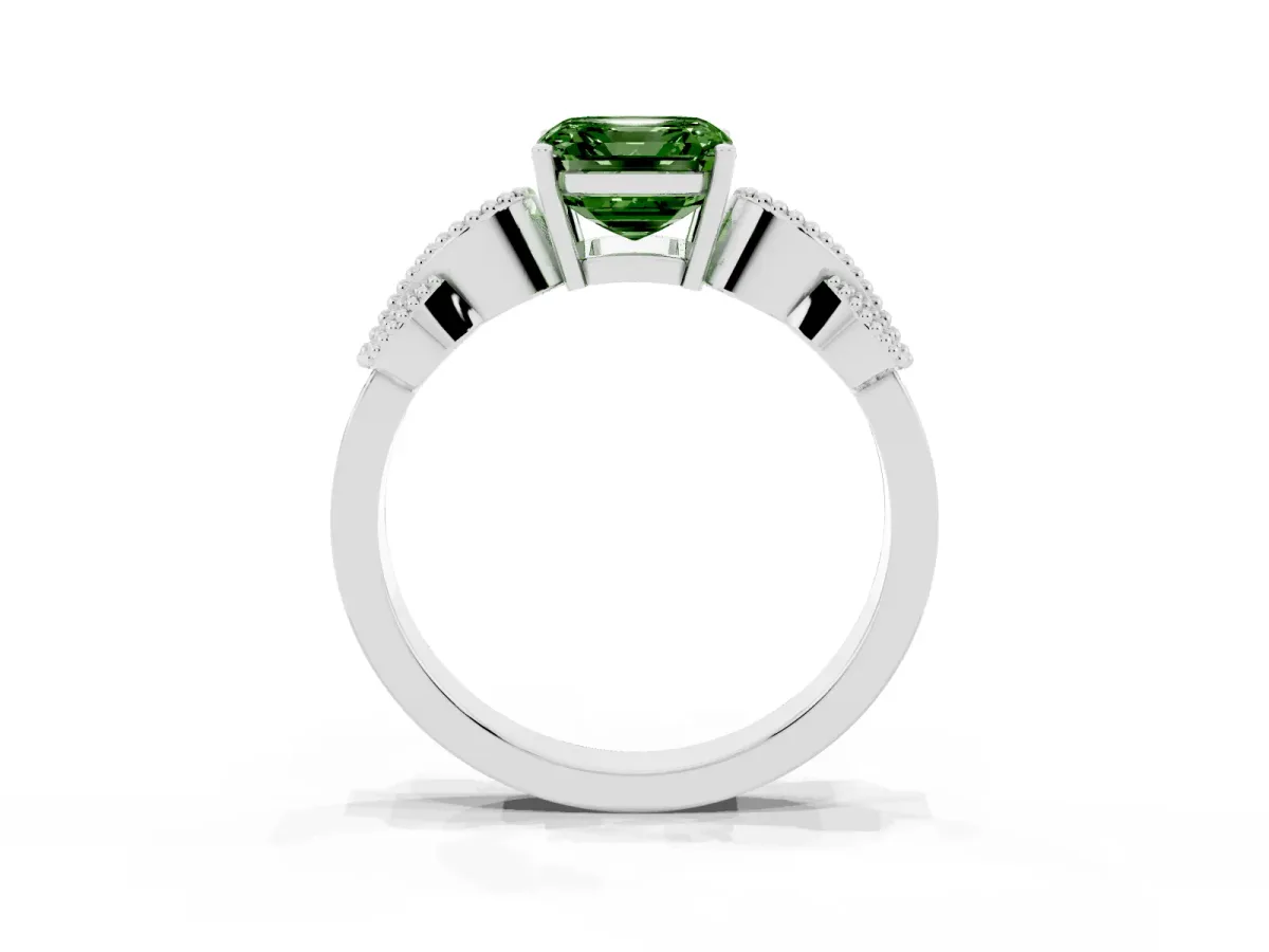 Fancy Green Asscher Cut Solitaire Milgrain Leaf Band with Prong Setting Platinum
