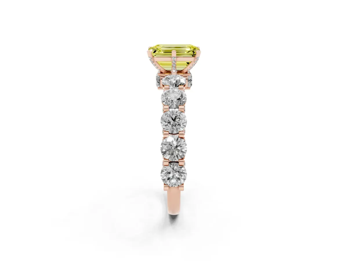 Fancy Yellow Emerald Cut Diamond Side Stone Engagement Ring with Four-Prong Setting Rose gold