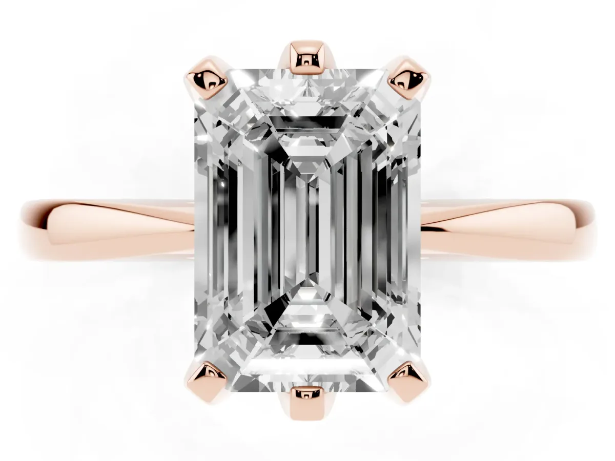 Emerald Cut Solitaire Engagement Ring with Six-Prong Setting and Tapered Band Rose gold