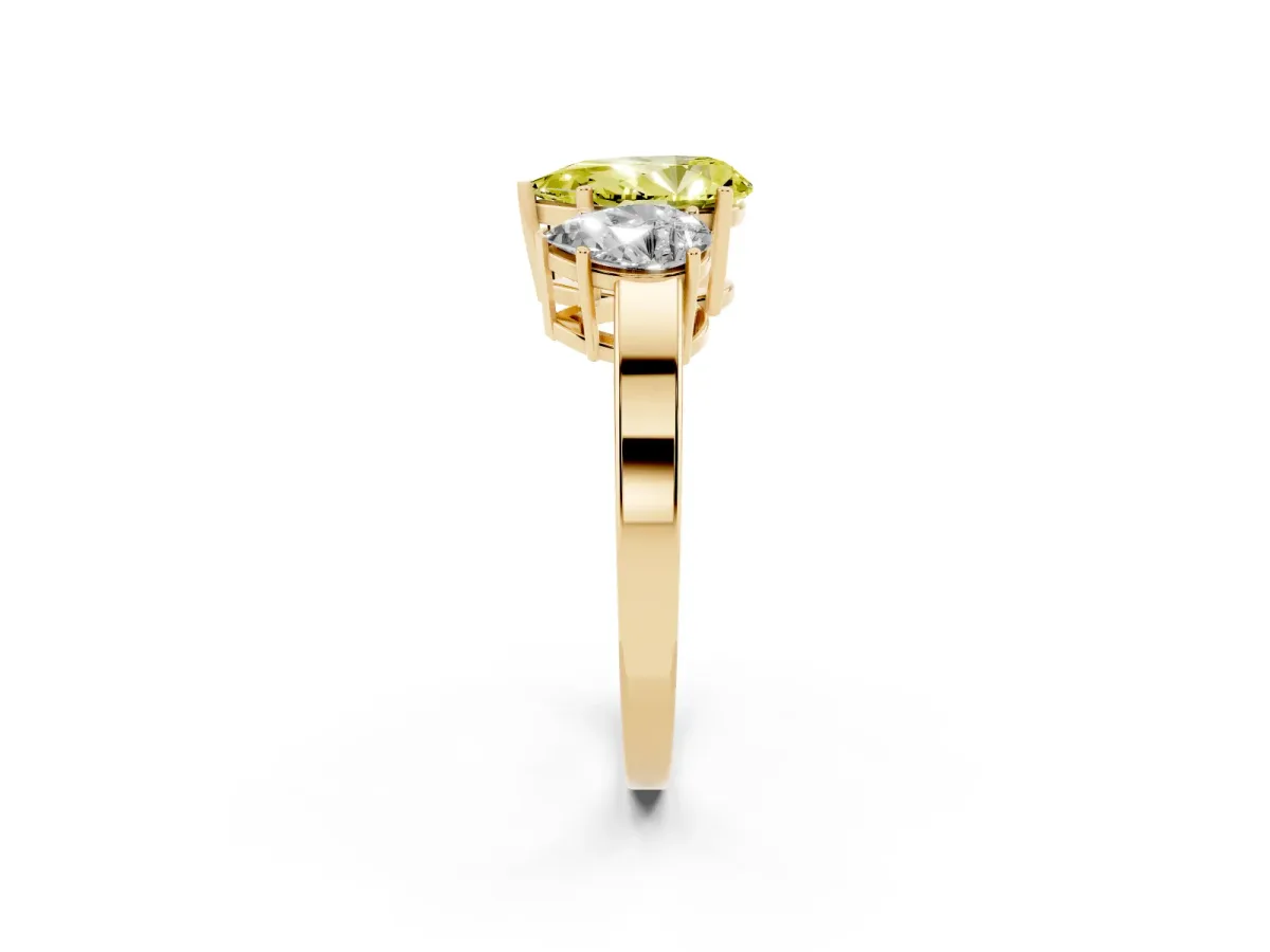 Fancy Yellow Three-Stone Pear Cut Cut Diamond Engagement Ring with Flat Band and Four-Prong Setting Yellow gold
