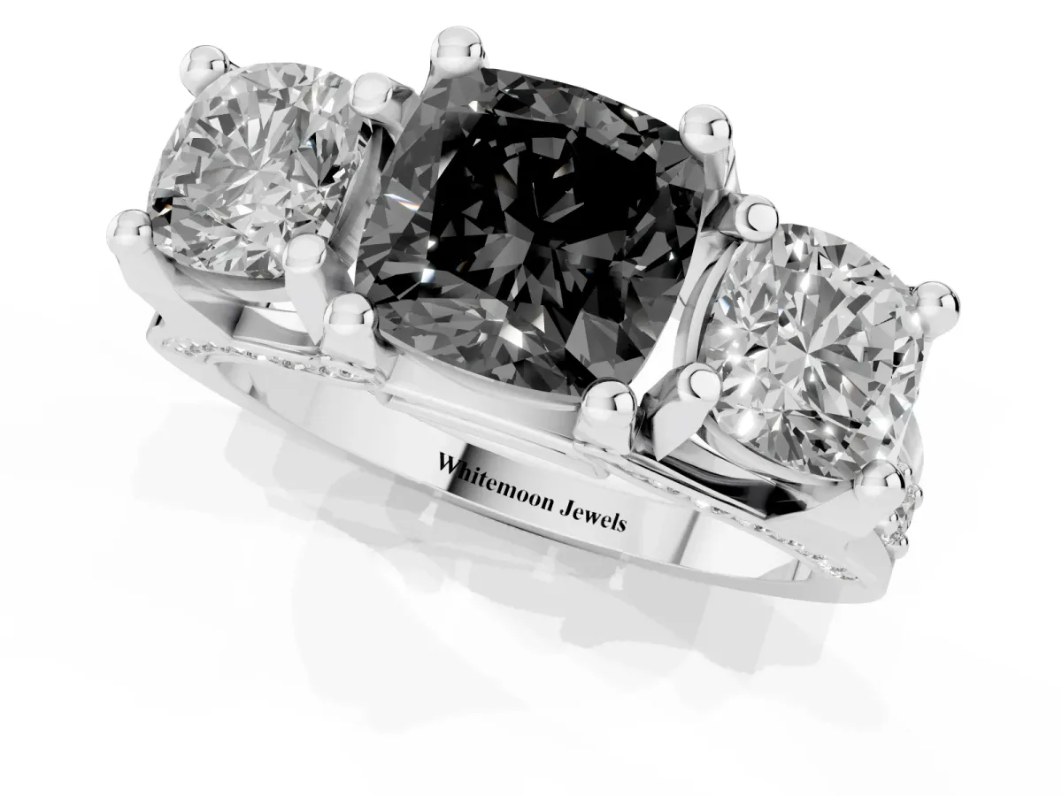 Fancy Black Cushion Cut Diamond Three-Stone Ring with Channel Set Band and Four-Prong Setting Silver