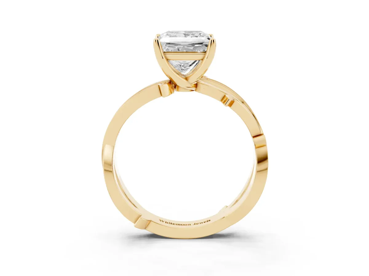 Princess Cut Solitaire Twist Band with Pavé Accents and Four-Prong Setting Yellow gold