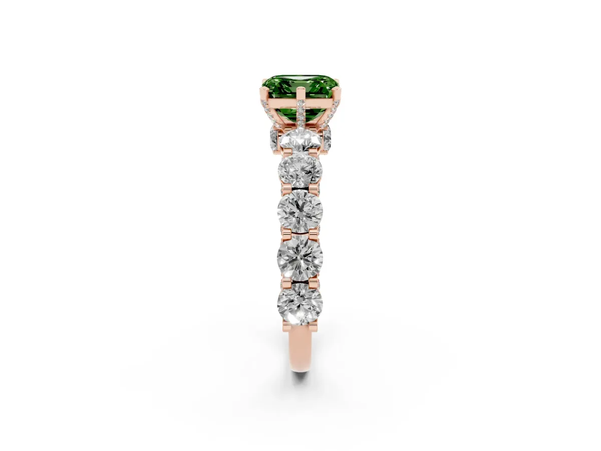 Fancy Green Asscher Cut Diamond Side Stone Engagement Ring with Four-Prong Setting Rose gold