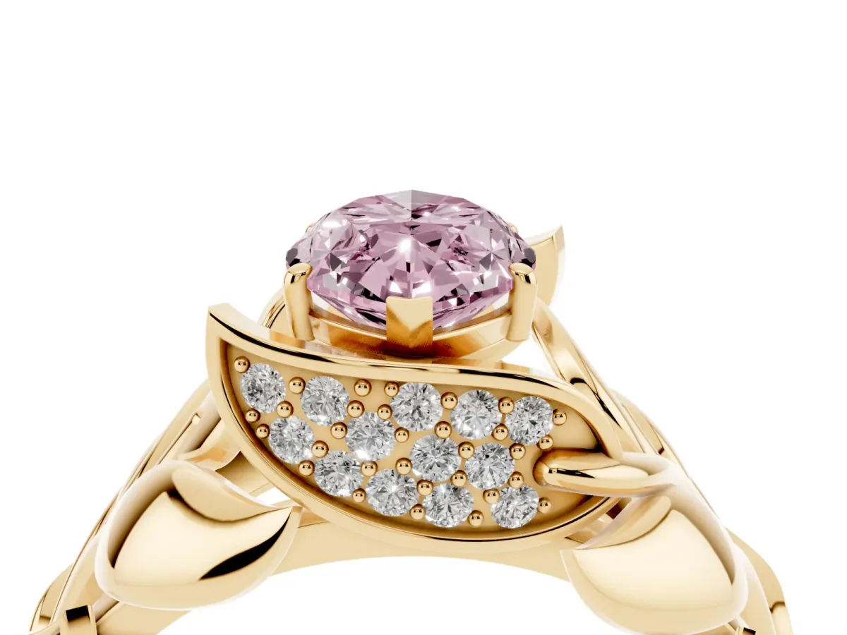 Fancy Pink Marquise Cut Diamond Leaf-Inspired Engagement Ring with Round Accents and Prong Setting Yellow gold