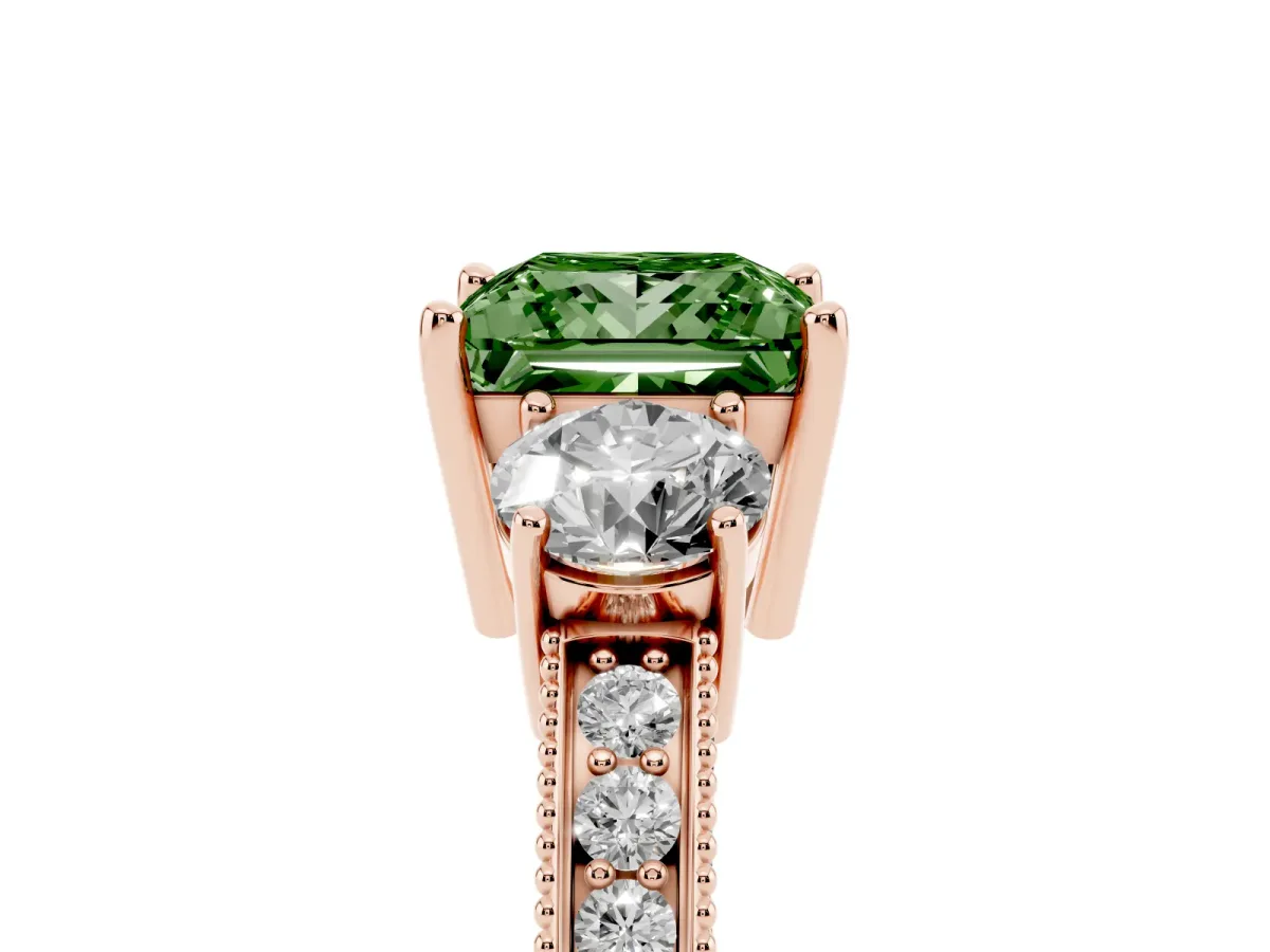 Fancy Green Princess Cut Three-Stone Diamond Ring with Pavé Band and Four-Prong Setting Rose gold