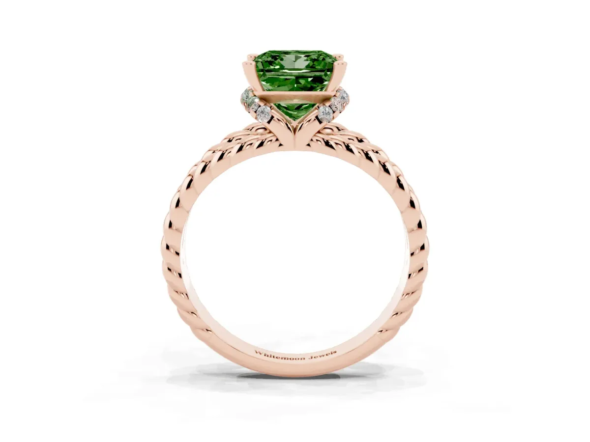 Fancy Green Princess Cut Halo Twisted Band Four-Prong Ring Rose gold