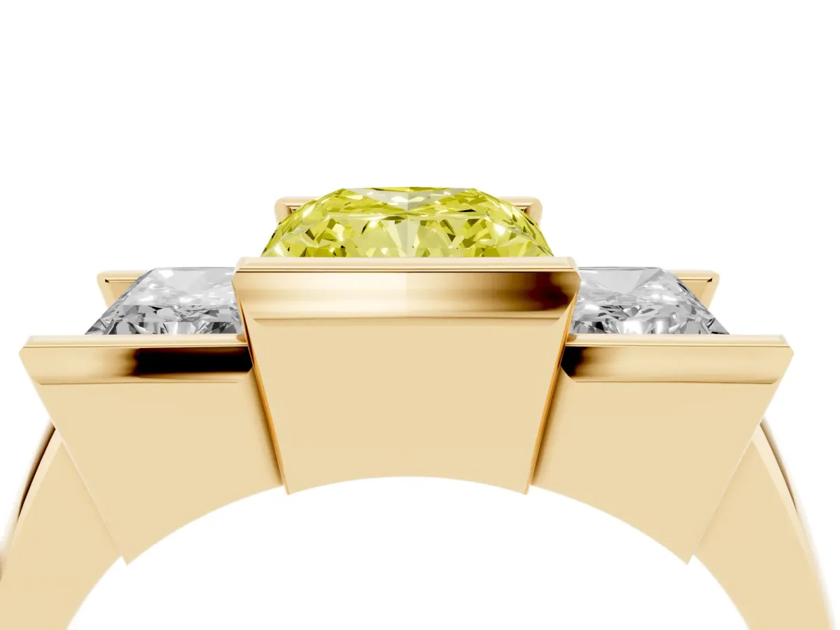 Fancy Yellow Three Stone Radiant Cut Cut Channel Set Diamond Ring Yellow gold