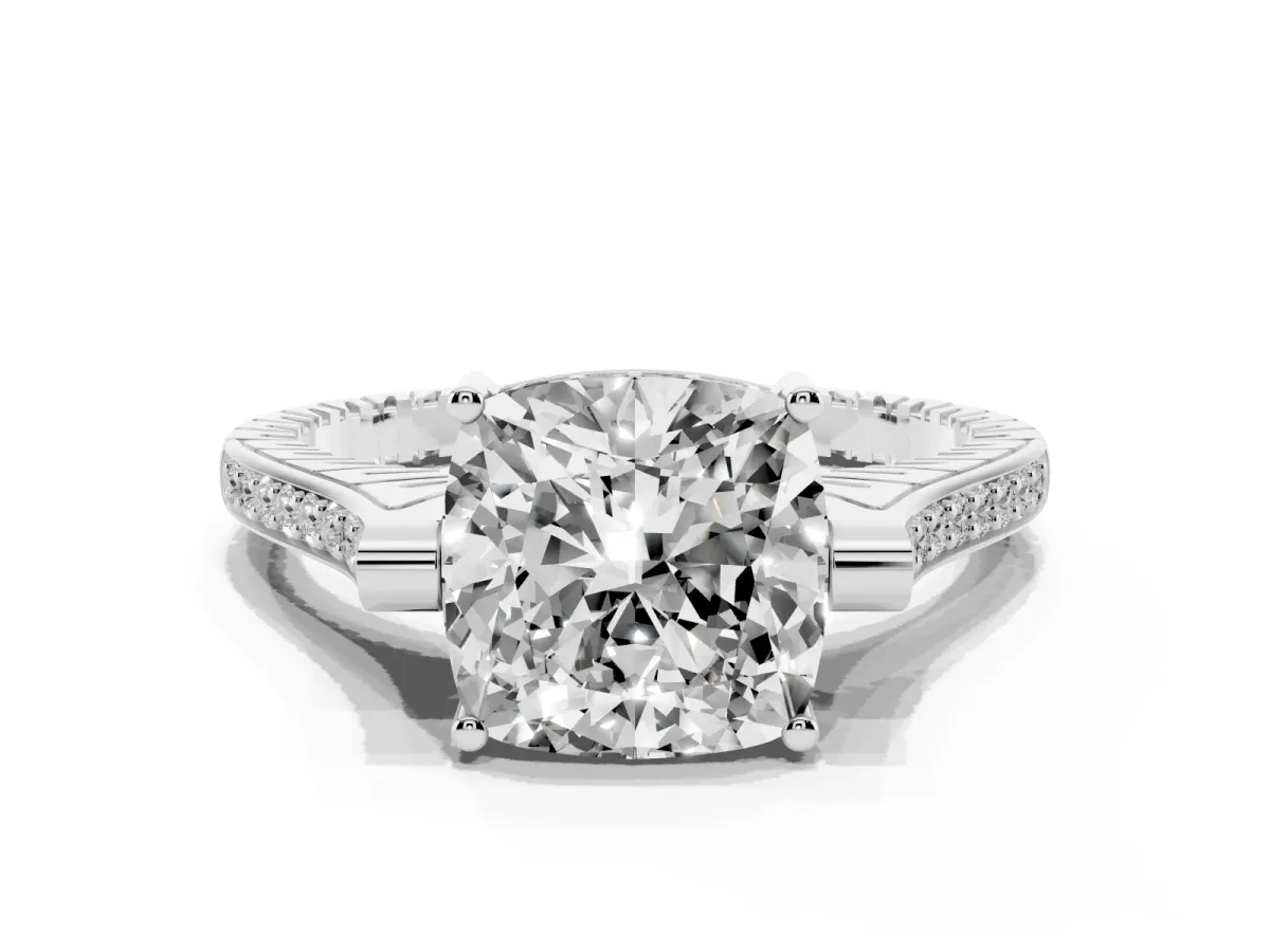 Cushion Cut Solitaire Diamond Ring with Channel Set Band and Bezel Prong Setting Silver