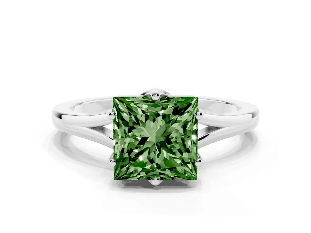 Fancy Green Princess Cut Solitaire Diamond Ring with Six-Prong Setting and Tapered Band Silver