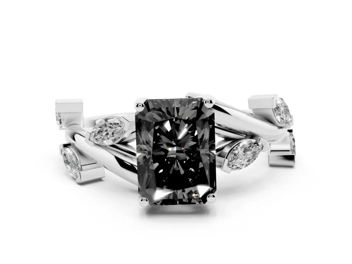 Fancy Black Radiant Cut Solitaire Twisted Band Marquise Accent Prong Setting Ring Platinum