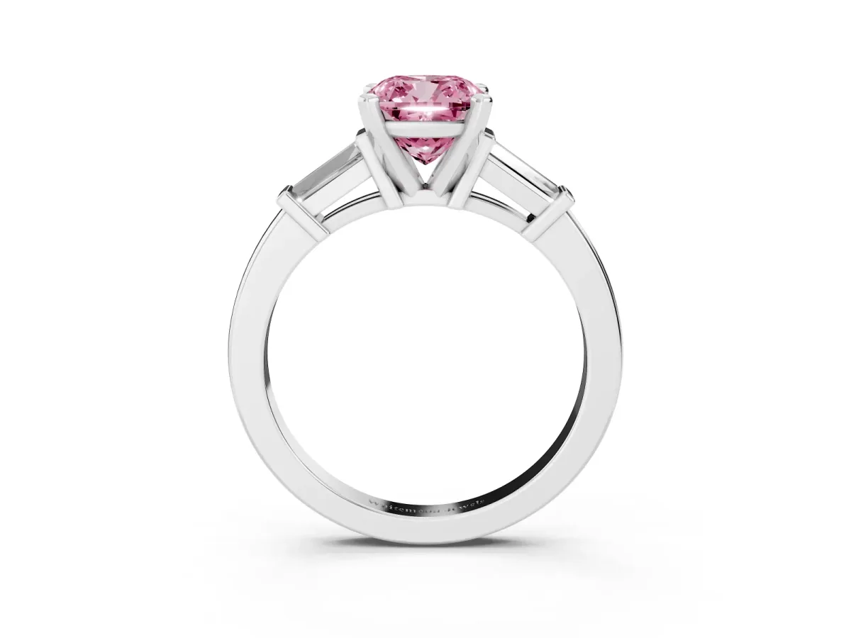 Fancy Pink Cushion Cut Cut Diamond Solitaire Ring with Tapered Baguette Accents and Four-Prong Setting White gold