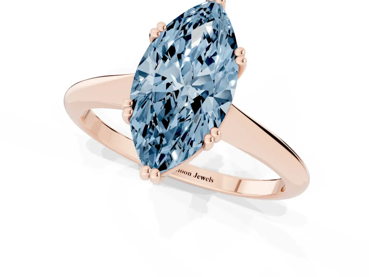 Fancy Blue Marquise Cut Solitaire Diamond Ring with Six-Prong Setting and Classic Band Rose gold