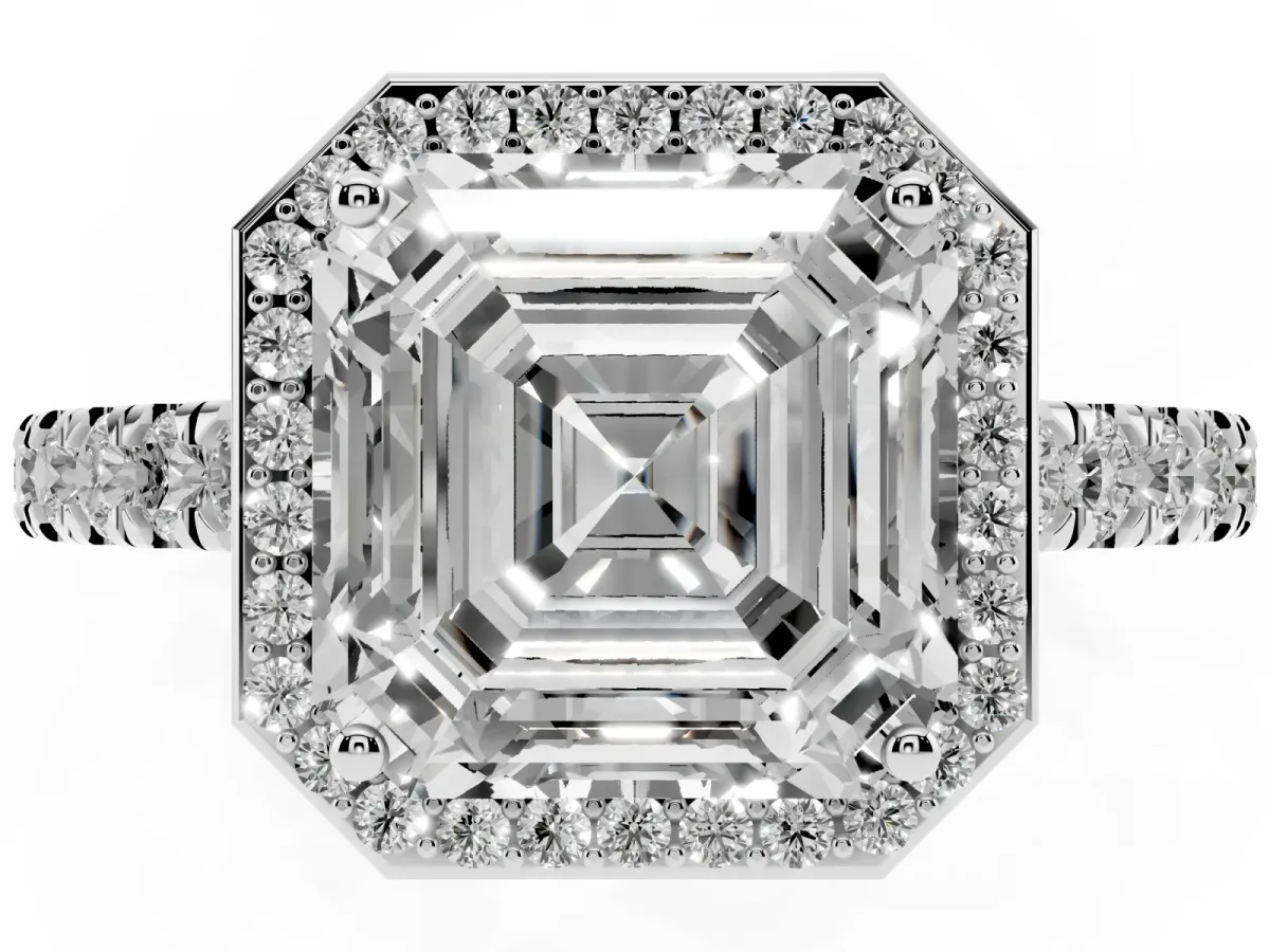 Asscher Cut Cut Halo Diamond Engagement Ring with Pave Band and Four-Prong Setting White gold