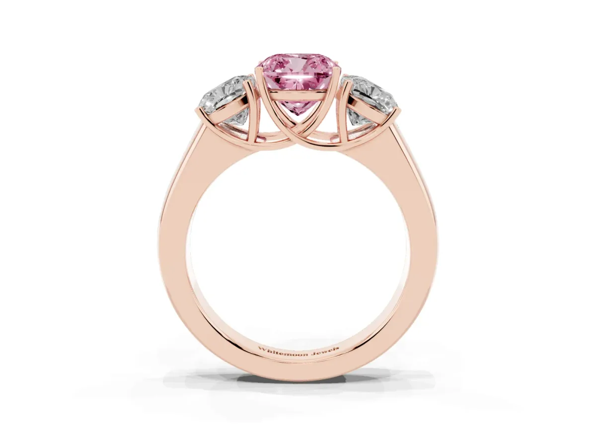 Fancy Pink Three-Stone Cushion Cut Cut Diamond Ring with Prong Setting and Classic Band Rose gold