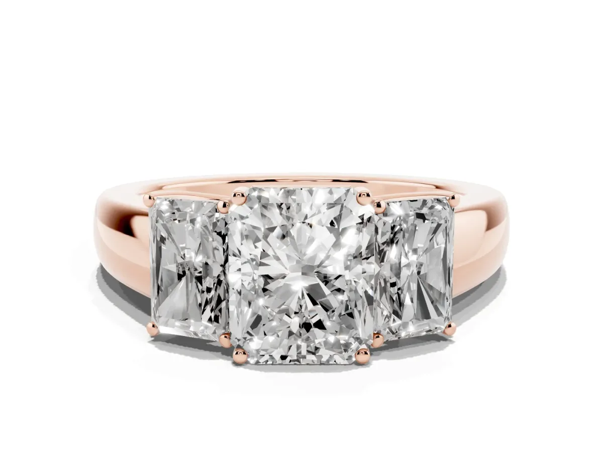Three-Stone Radiant Cut Cut Diamond Ring with Prong Setting and Classic Band Rose gold