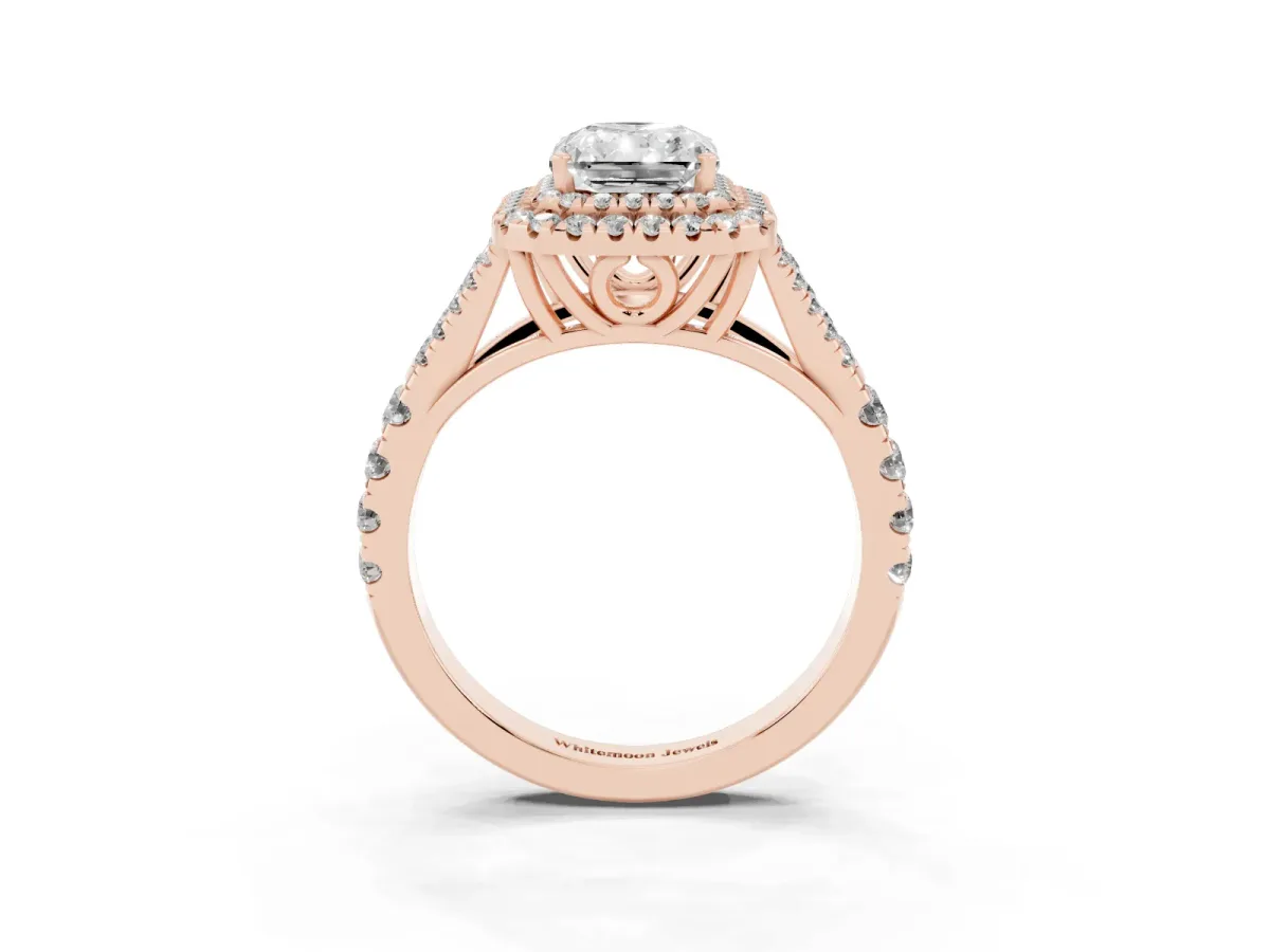Radiant Cut Diamond Double Halo Ring with Split Shank and Prong Setting Rose gold