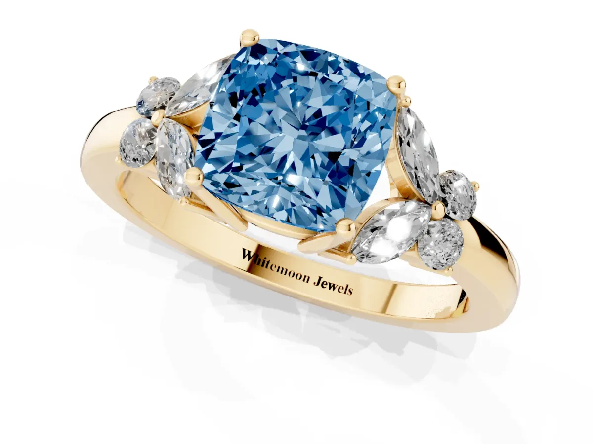 Fancy Blue Cushion Cut Cut Solitaire Floral Diamond Ring with Four-Prong Setting Yellow gold