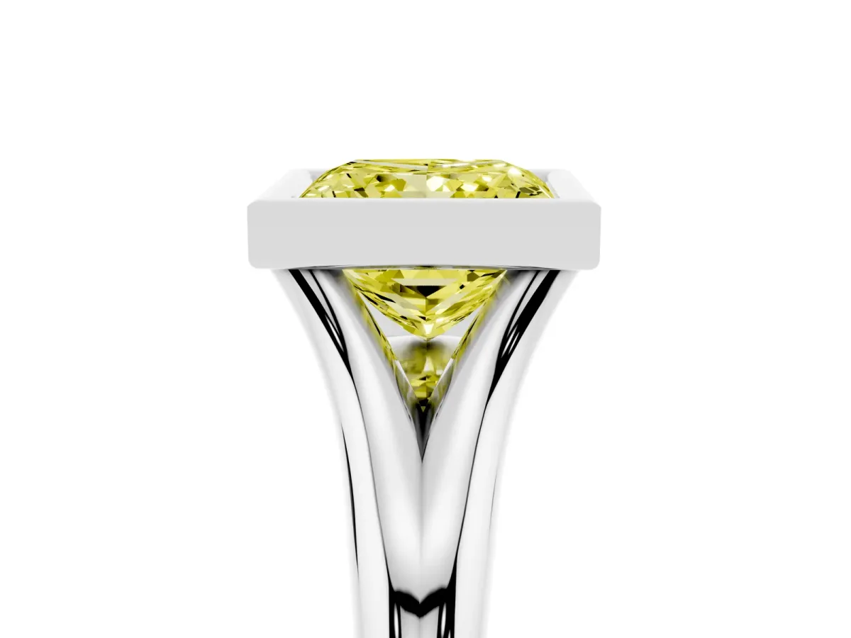 Fancy Yellow Bezel Set Princess Cut Solitaire Diamond Ring with Smooth Band Silver