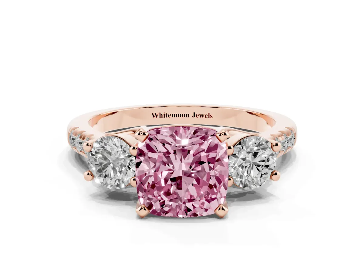 Fancy Pink Three-Stone Cushion Cut Diamond Pavé Band with Four-Prong Setting Rose gold