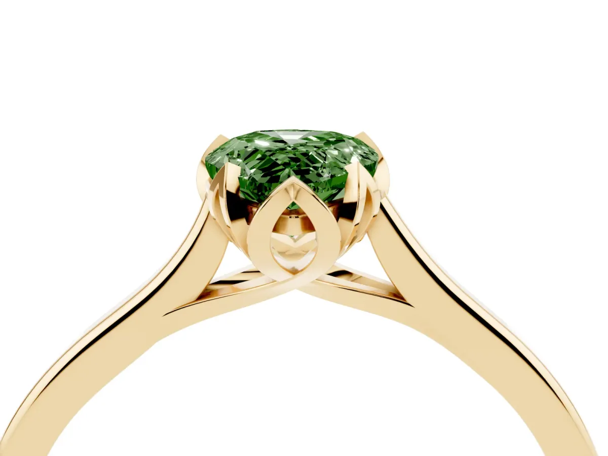 Fancy Green Pear Cut Diamond Solitaire Ring with Flower Prong Setting and Classic Band Yellow gold