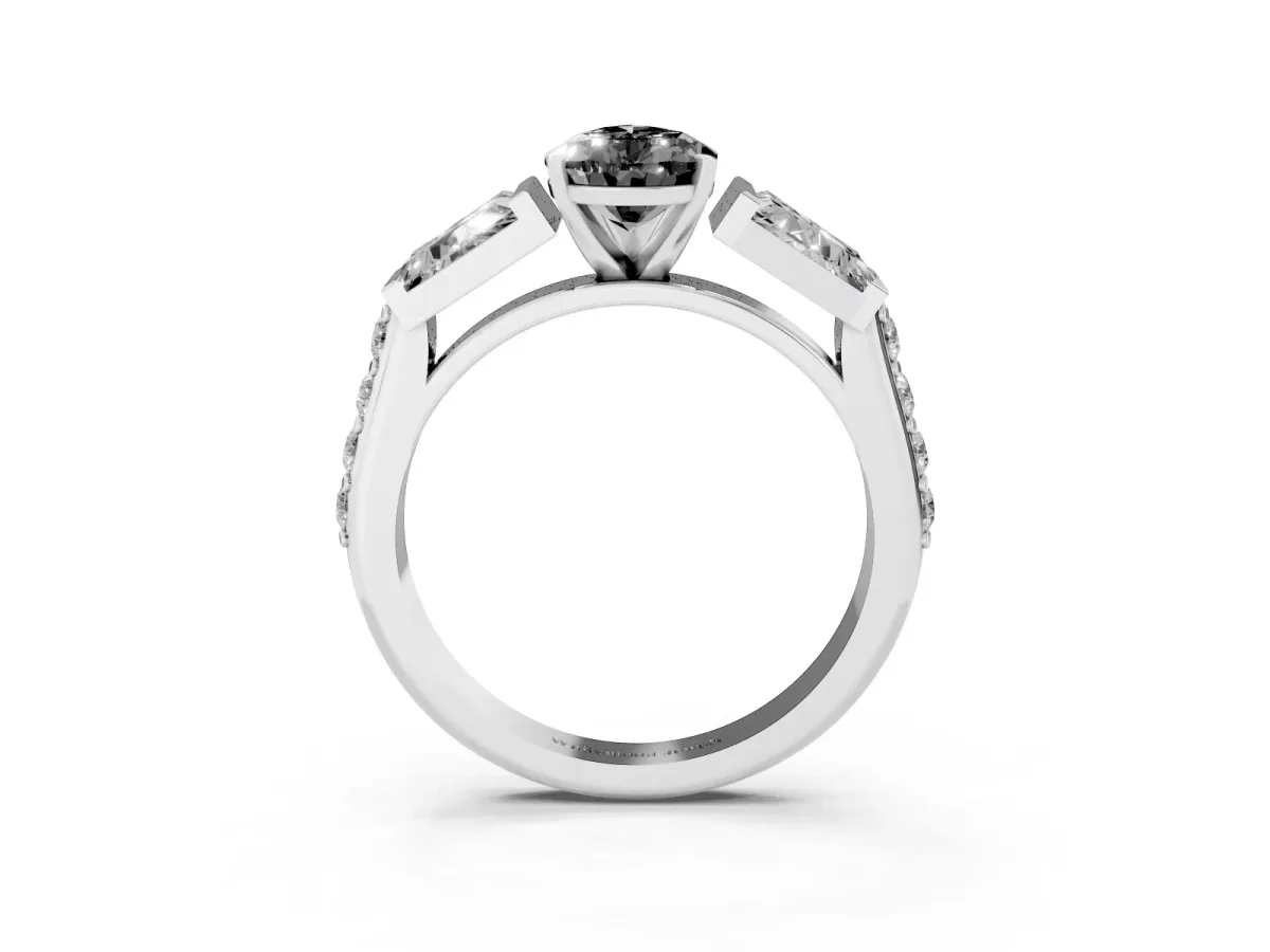 Fancy Black Pear Cut Diamond Engagement Ring with Baguette Side Stones and Channel Set Band Silver