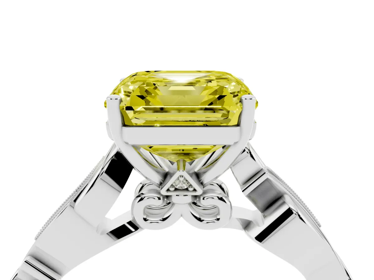 Fancy Yellow Asscher Cut Solitaire Vine Band with Milgrain Prong Setting Platinum