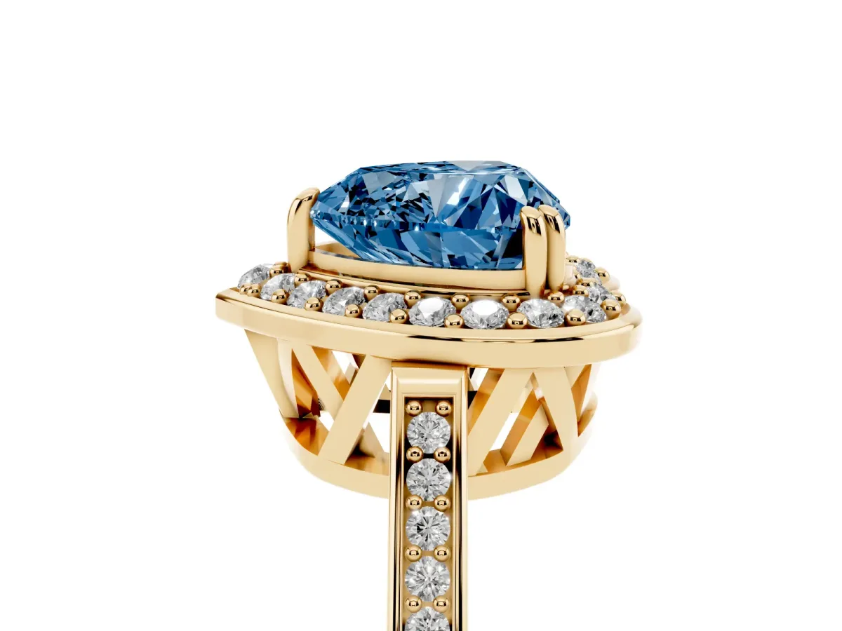 Fancy Blue Heart Cut Diamond Halo Ring with Split Shank and Four-Prong Setting Yellow gold