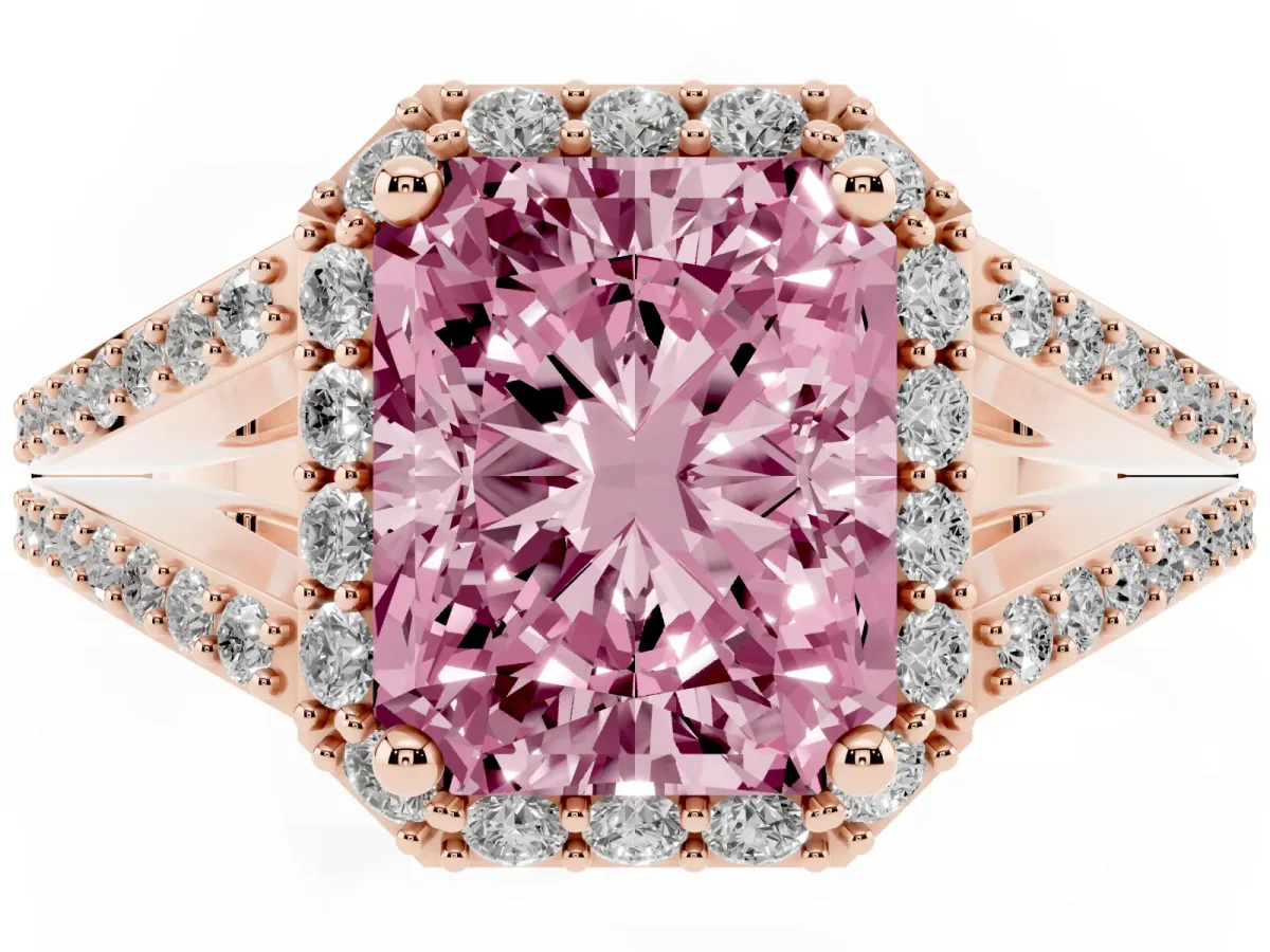 Fancy Pink Radiant Cut Halo Split Shank Diamond Ring with Prong Setting Rose gold