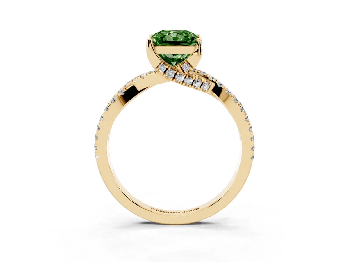 Fancy Green Radiant Cut Solitaire Twist Pave Diamond Engagement Ring with Prong Setting Yellow gold