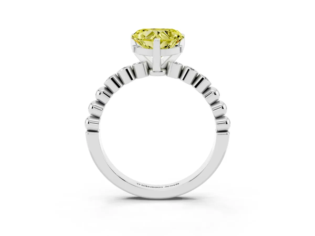 Fancy Yellow Heart Cut Solitaire Bezel Accent Diamond Engagement Ring with Beaded Band and Four-Prong Setting Silver
