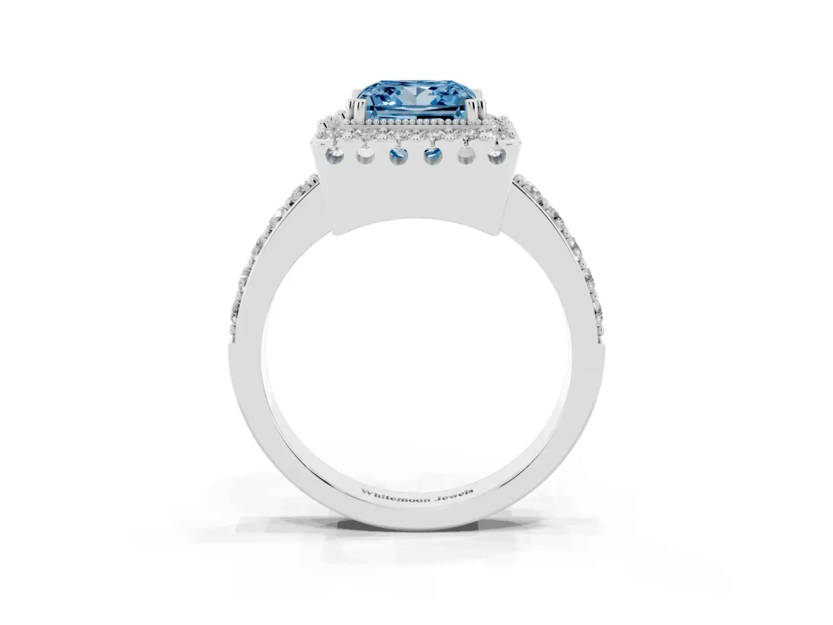 Fancy Blue Princess Cut Diamond Halo Ring with Pavé Band and Prong Setting White gold