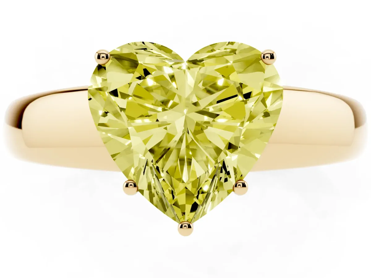 Fancy Yellow Heart Cut Solitaire Diamond Ring with Tapered Band and Four-Prong Setting Yellow gold