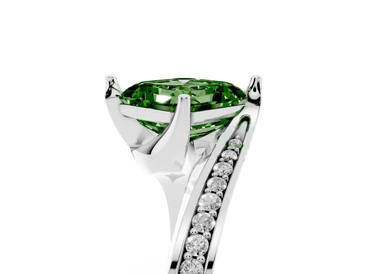 Fancy Green Asscher Cut Solitaire Diamond Twist Band with Pavé Setting and Four-Prong Setting Silver