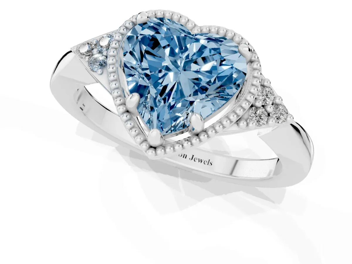 Fancy Blue Hexagonal Halo Heart Cut Diamond Solitaire with Pavé Band and Four-Prong Setting Silver